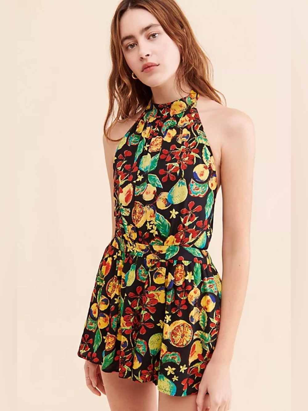 Free People Coral Tides Romper- Fruit Print Halter Romper. Size small